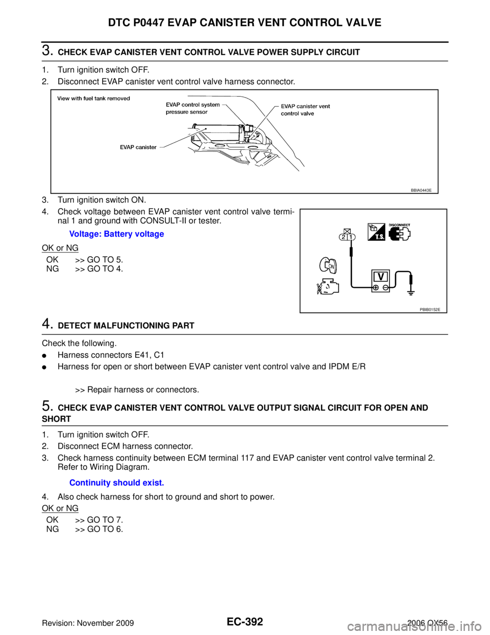 INFINITI QX56 2006  Factory Service Manual EC-392Revision: November 2009
DTC P0447 EVAP CANISTER VENT CONTROL VALVE
2006 QX56
3. CHECK EVAP CANISTER VENT CONTROL VALVE POWER SUPPLY CIRCUIT
1. Turn ignition switch OFF.
2. Disconnect EVAP canist
