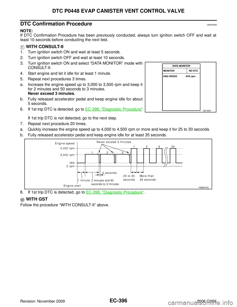 INFINITI QX56 2006  Factory Service Manual EC-396Revision: November 2009
DTC P0448 EVAP CANISTER VENT CONTROL VALVE
2006 QX56
DTC Confirmation ProcedureUBS00HB4
NOTE:
If DTC Confirmation Procedure has been previously conducted, always turn ign