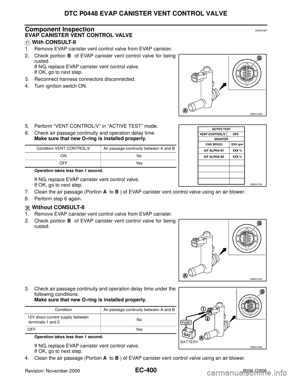 INFINITI QX56 2006  Factory Service Manual EC-400Revision: November 2009
DTC P0448 EVAP CANISTER VENT CONTROL VALVE
2006 QX56
Component InspectionUBS00HB7
EVAP CANISTER VENT CONTROL VALVE With CONSULT-II
1. Remove EVAP canister vent control va