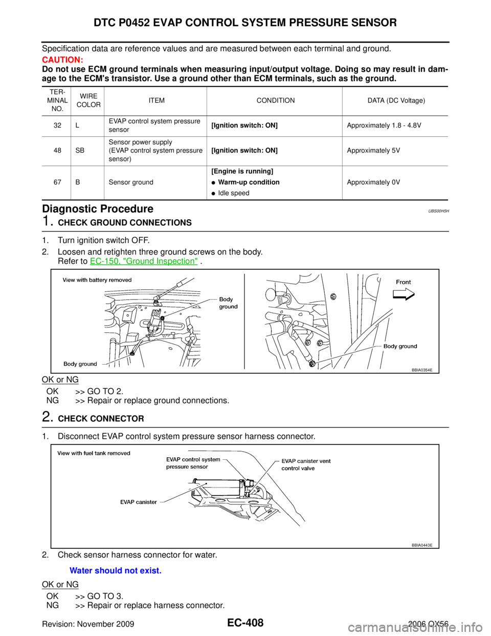 INFINITI QX56 2006 Factory Service Manual EC-408Revision: November 2009
DTC P0452 EVAP CONTROL SYSTEM PRESSURE SENSOR
2006 QX56
Specification data are reference values and are measured between each terminal and ground.
CAUTION:
Do not use ECM INFINITI QX56 2006 Factory Service Manual EC-408Revision: November 2009
DTC P0452 EVAP CONTROL SYSTEM PRESSURE SENSOR
2006 QX56
Specification data are reference values and are measured between each terminal and ground.
CAUTION:
Do not use ECM