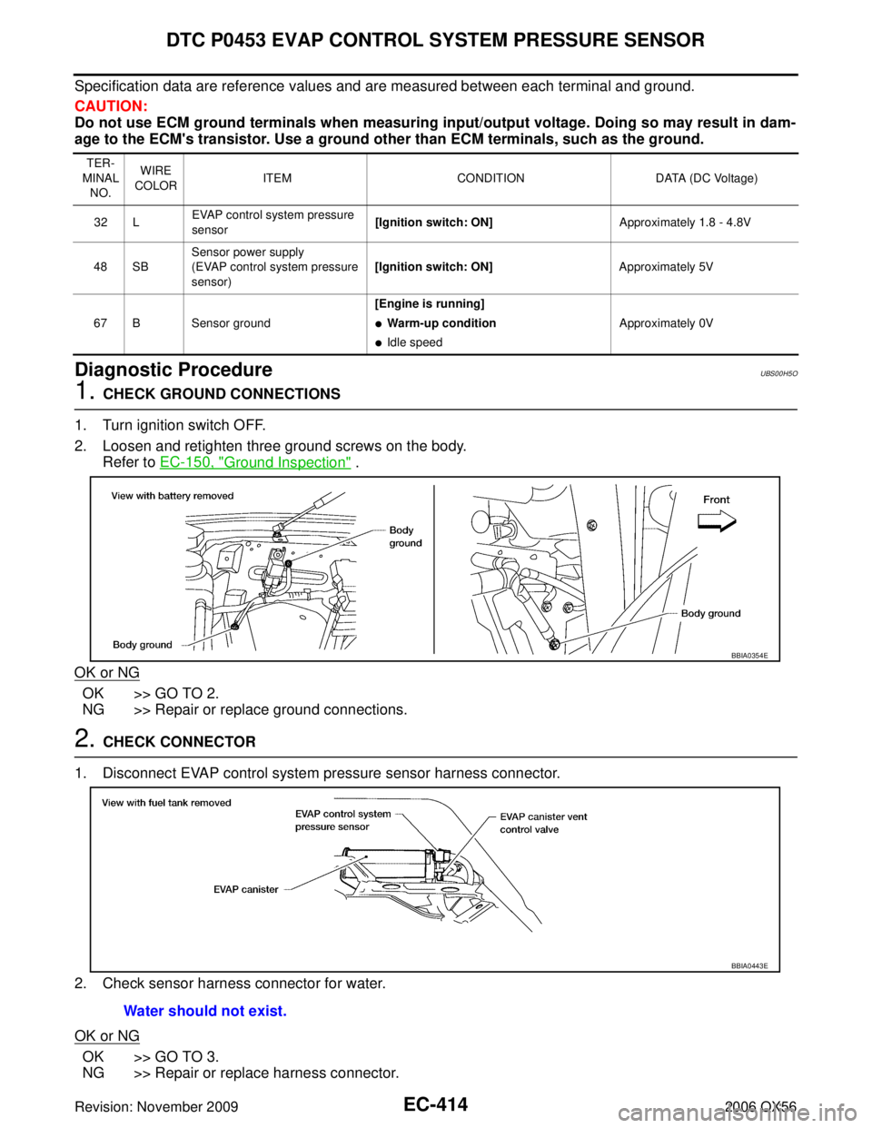 INFINITI QX56 2006  Factory Service Manual EC-414Revision: November 2009
DTC P0453 EVAP CONTROL SYSTEM PRESSURE SENSOR
2006 QX56
Specification data are reference values and are measured between each terminal and ground.
CAUTION:
Do not use ECM