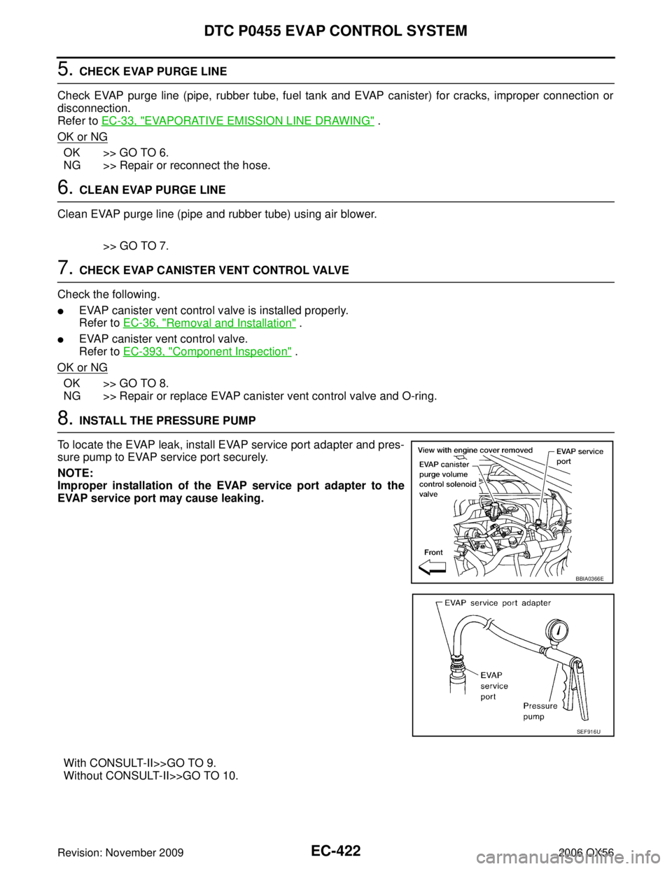 INFINITI QX56 2006  Factory Service Manual EC-422Revision: November 2009
DTC P0455 EVAP CONTROL SYSTEM
2006 QX56
5. CHECK EVAP PURGE LINE
Check EVAP purge line (pipe, rubber tube, fuel tank and EVAP canister) for cracks, improper connection or