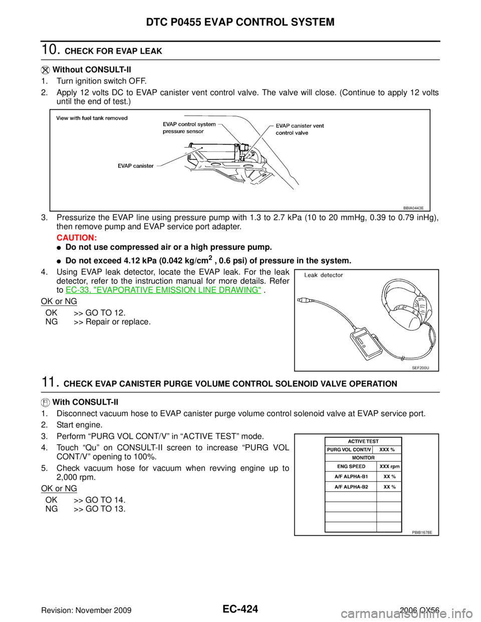 INFINITI QX56 2006  Factory Service Manual EC-424Revision: November 2009
DTC P0455 EVAP CONTROL SYSTEM
2006 QX56
10. CHECK FOR EVAP LEAK
  Without CONSULT-II
1. Turn ignition switch OFF.
2. Apply 12 volts DC to EVAP canister vent control valve