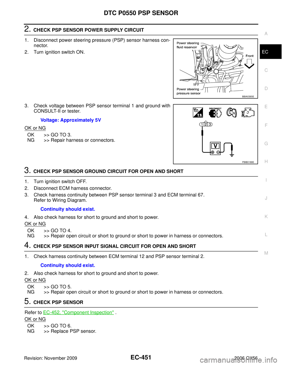 INFINITI QX56 2006 Factory Service Manual DTC P0550 PSP SENSOREC-451
C
DE
F
G H
I
J
K L
M A
EC
Revision: November 2009 2006 QX56
2. CHECK PSP SENSOR POWER SUPPLY CIRCUIT
1. Disconnect power steering pressure (PSP) sensor harness con- nector.
INFINITI QX56 2006 Factory Service Manual DTC P0550 PSP SENSOREC-451
C
DE
F
G H
I
J
K L
M A
EC
Revision: November 2009 2006 QX56
2. CHECK PSP SENSOR POWER SUPPLY CIRCUIT
1. Disconnect power steering pressure (PSP) sensor harness con- nector.