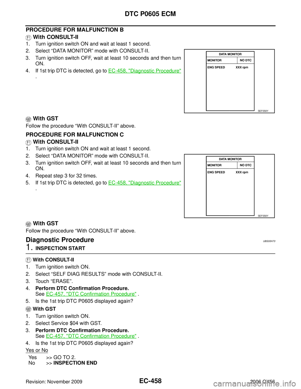 INFINITI QX56 2006  Factory Service Manual EC-458Revision: November 2009
DTC P0605 ECM
2006 QX56
PROCEDURE FOR MALFUNCTION B With CONSULT-II
1. Turn ignition switch ON and wait at least 1 second.
2. Select  “DATA MONITOR ” mode with CONSUL