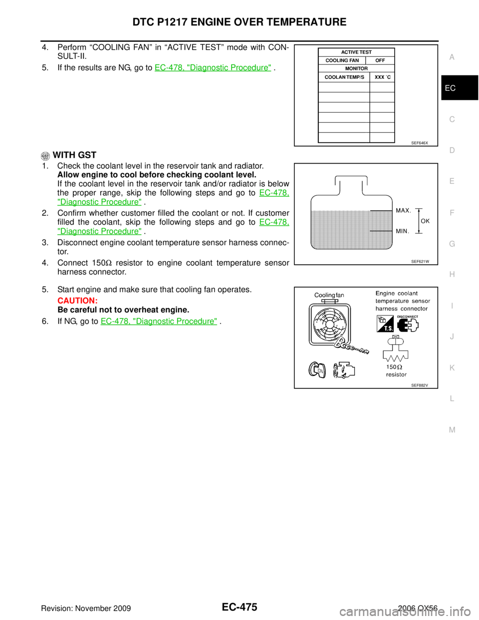 INFINITI QX56 2006  Factory Service Manual DTC P1217 ENGINE OVER TEMPERATUREEC-475
C
DE
F
G H
I
J
K L
M A
EC
Revision: November 2009 2006 QX56
4. Perform “COOLING FAN ” in “ACTIVE TEST ” mode with CON-
SULT-II.
5. If the results are NG
