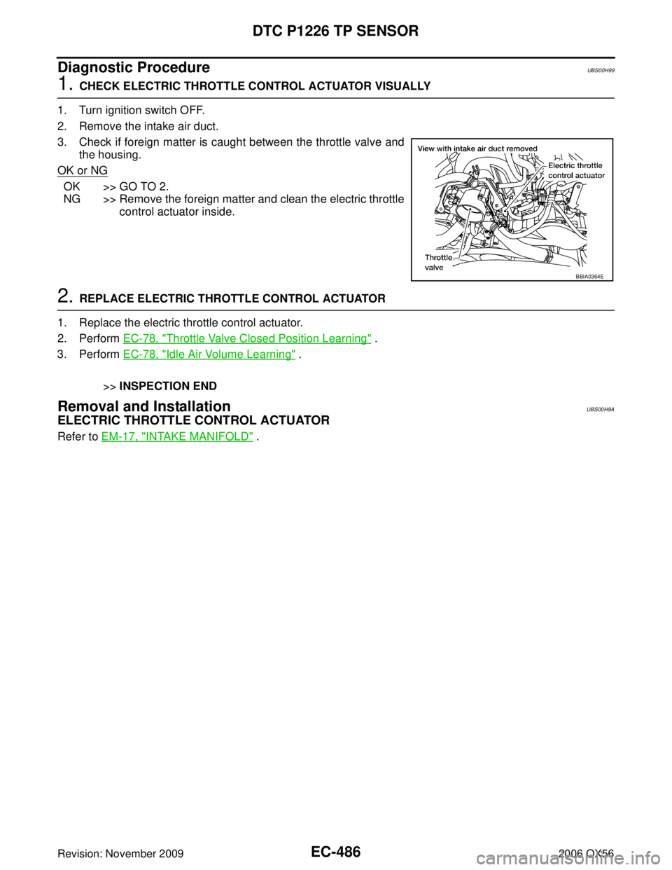 INFINITI QX56 2006  Factory Service Manual EC-486Revision: November 2009
DTC P1226 TP SENSOR
2006 QX56
Diagnostic ProcedureUBS00H99
1. CHECK ELECTRIC THROTTLE CONTROL ACTUATOR VISUALLY
1. Turn ignition switch OFF.
2. Remove the intake air duct