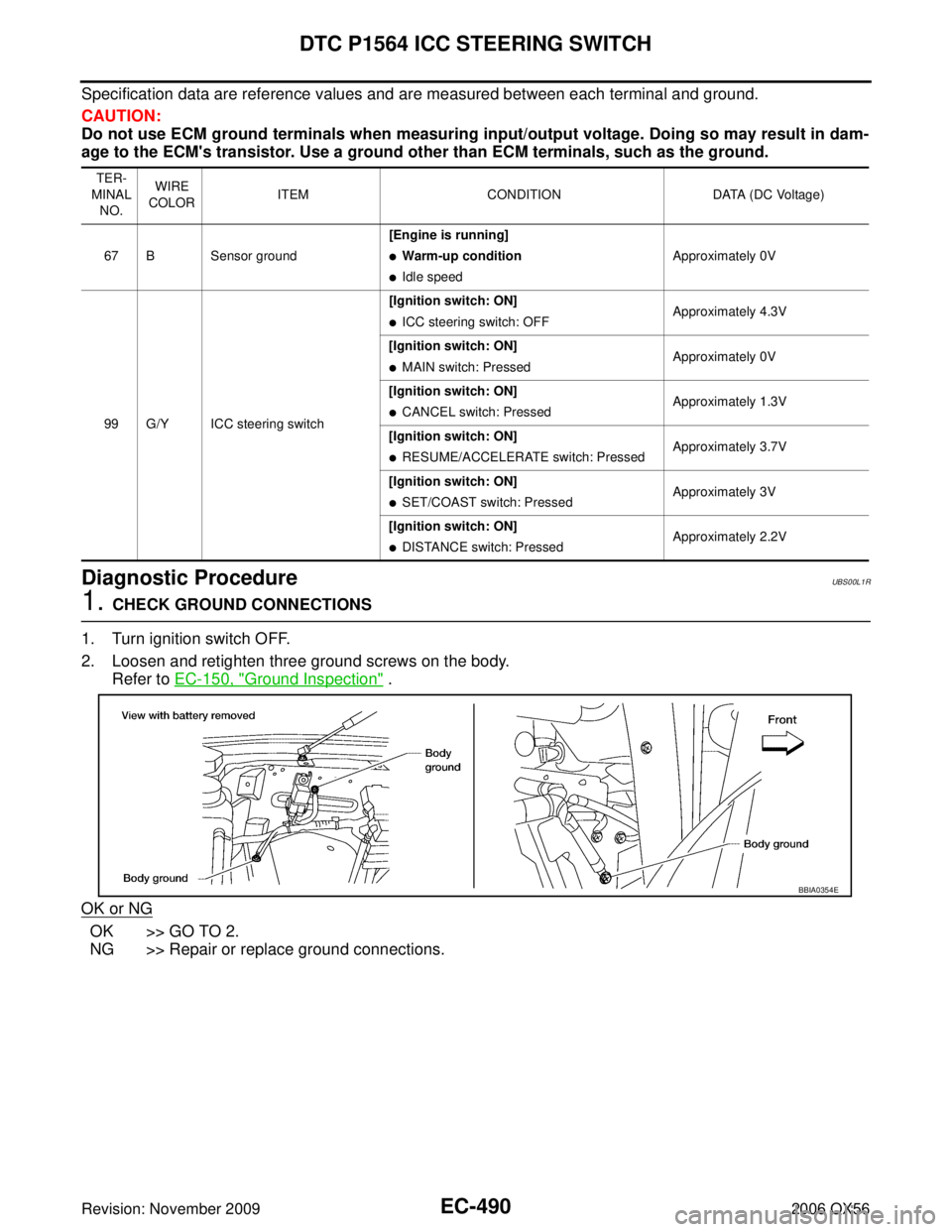 INFINITI QX56 2006  Factory Service Manual EC-490Revision: November 2009
DTC P1564 ICC STEERING SWITCH
2006 QX56
Specification data are reference values and are measured between each terminal and ground.
CAUTION:
Do not use ECM ground terminal