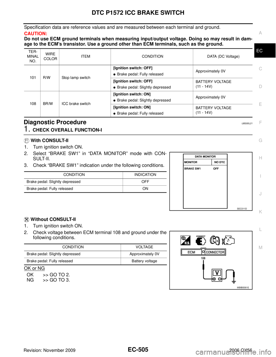 INFINITI QX56 2006 Factory Service Manual DTC P1572 ICC BRAKE SWITCHEC-505
C
DE
F
G H
I
J
K L
M A
EC
Revision: November 2009 2006 QX56
Specification data are reference values and are measured between each terminal and ground.
CAUTION:
Do not INFINITI QX56 2006 Factory Service Manual DTC P1572 ICC BRAKE SWITCHEC-505
C
DE
F
G H
I
J
K L
M A
EC
Revision: November 2009 2006 QX56
Specification data are reference values and are measured between each terminal and ground.
CAUTION:
Do not