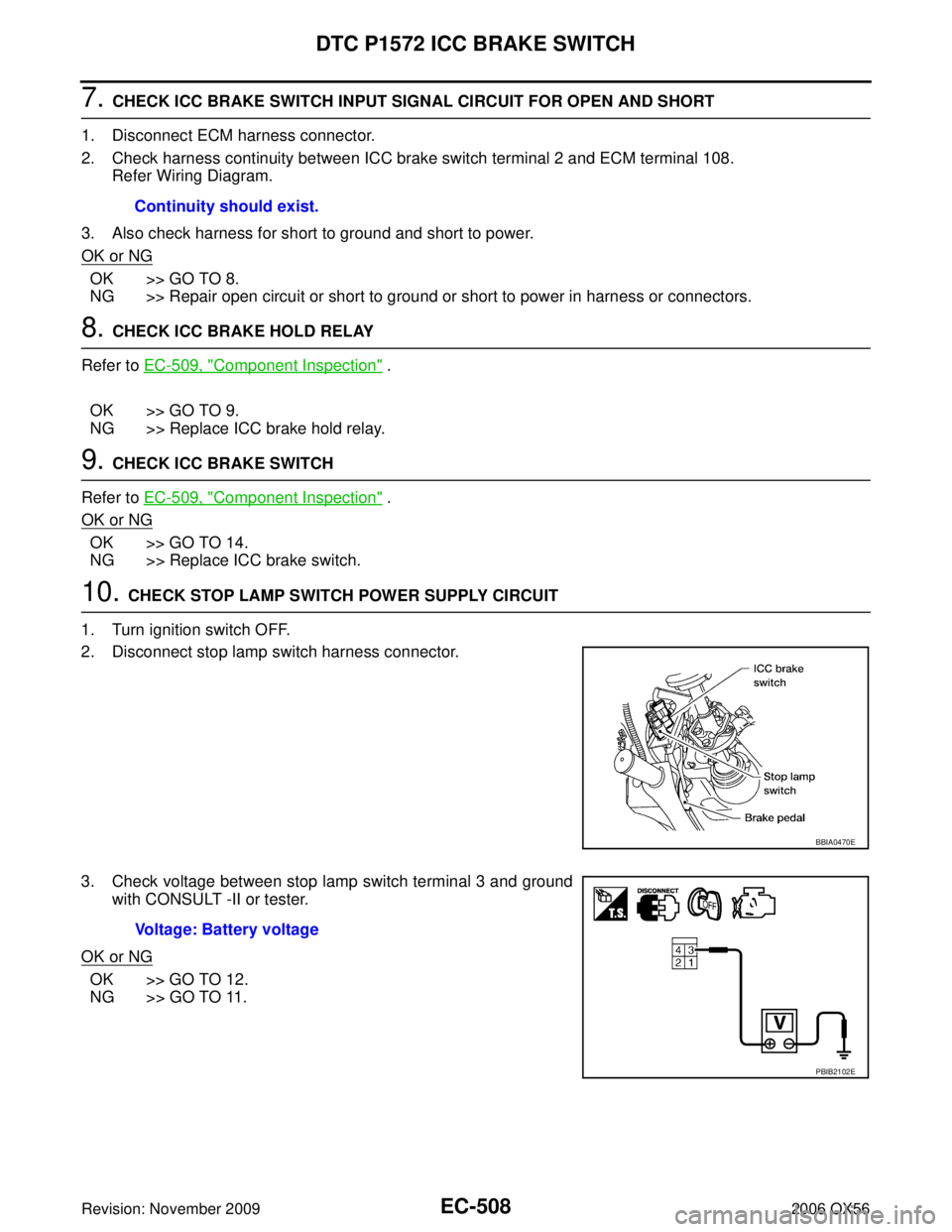 INFINITI QX56 2006 Factory Service Manual EC-508Revision: November 2009
DTC P1572 ICC BRAKE SWITCH
2006 QX56
7. CHECK ICC BRAKE SWITCH INPUT SIGNAL CIRCUIT FOR OPEN AND SHORT
1. Disconnect ECM harness connector.
2. Check harness continuity be INFINITI QX56 2006 Factory Service Manual EC-508Revision: November 2009
DTC P1572 ICC BRAKE SWITCH
2006 QX56
7. CHECK ICC BRAKE SWITCH INPUT SIGNAL CIRCUIT FOR OPEN AND SHORT
1. Disconnect ECM harness connector.
2. Check harness continuity be
