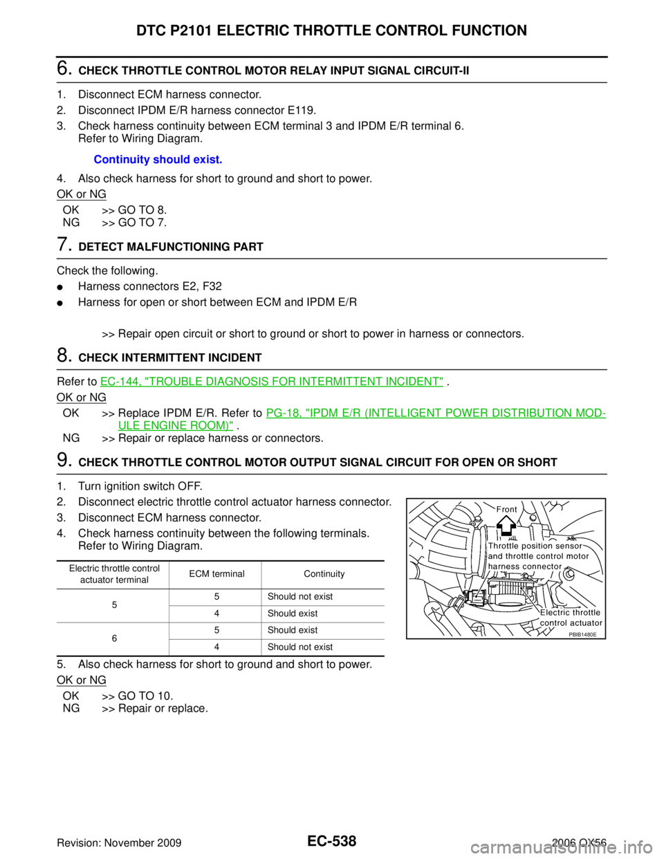 INFINITI QX56 2006 Factory Service Manual EC-538Revision: November 2009
DTC P2101 ELECTRIC THROTTLE CONTROL FUNCTION
2006 QX56
6. CHECK THROTTLE CONTROL MOTOR RELAY INPUT SIGNAL CIRCUIT-II
1. Disconnect ECM harness connector.
2. Disconnect IP INFINITI QX56 2006 Factory Service Manual EC-538Revision: November 2009
DTC P2101 ELECTRIC THROTTLE CONTROL FUNCTION
2006 QX56
6. CHECK THROTTLE CONTROL MOTOR RELAY INPUT SIGNAL CIRCUIT-II
1. Disconnect ECM harness connector.
2. Disconnect IP