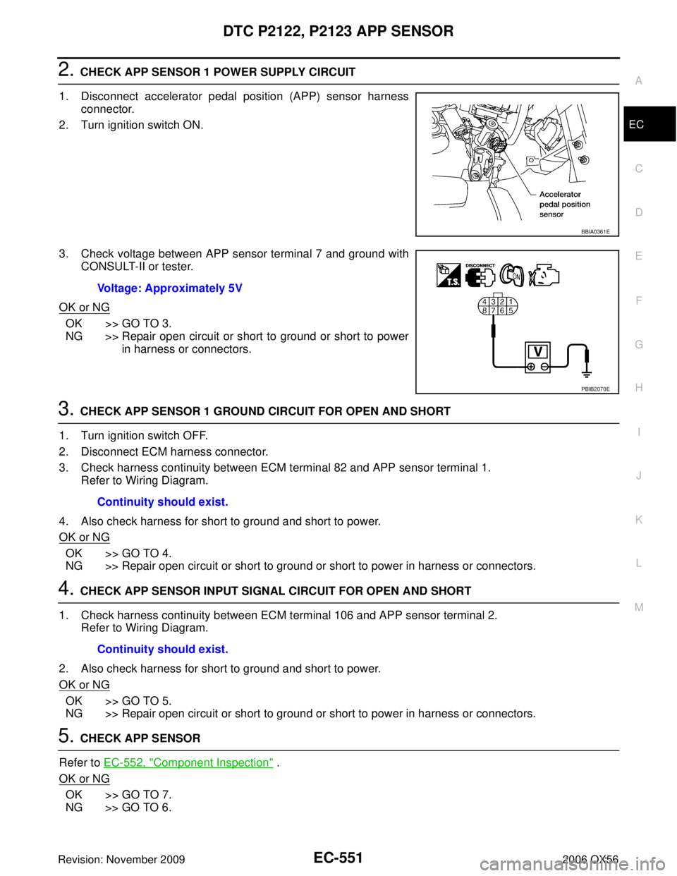 INFINITI QX56 2006 Factory Service Manual DTC P2122, P2123 APP SENSOREC-551
C
DE
F
G H
I
J
K L
M A
EC
Revision: November 2009 2006 QX56
2. CHECK APP SENSOR 1 POWER SUPPLY CIRCUIT
1. Disconnect accelerator pedal position (APP) sensor harness c INFINITI QX56 2006 Factory Service Manual DTC P2122, P2123 APP SENSOREC-551
C
DE
F
G H
I
J
K L
M A
EC
Revision: November 2009 2006 QX56
2. CHECK APP SENSOR 1 POWER SUPPLY CIRCUIT
1. Disconnect accelerator pedal position (APP) sensor harness c
