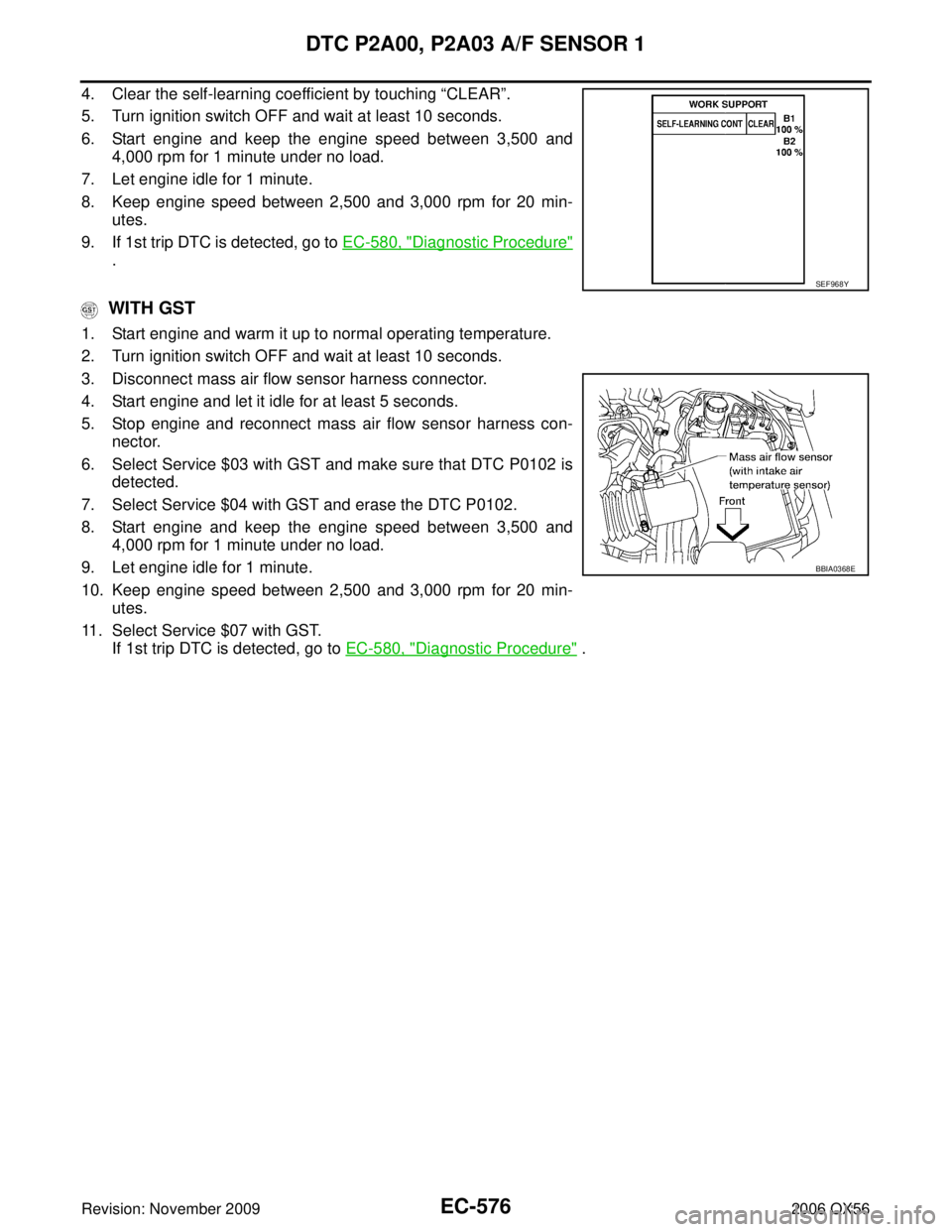 INFINITI QX56 2006 Factory Service Manual EC-576Revision: November 2009
DTC P2A00, P2A03 A/F SENSOR 1
2006 QX56
4. Clear the self-learning coefficient by touching “CLEAR”.
5. Turn ignition switch OFF and wait at least 10 seconds.
6. Start INFINITI QX56 2006 Factory Service Manual EC-576Revision: November 2009
DTC P2A00, P2A03 A/F SENSOR 1
2006 QX56
4. Clear the self-learning coefficient by touching “CLEAR”.
5. Turn ignition switch OFF and wait at least 10 seconds.
6. Start