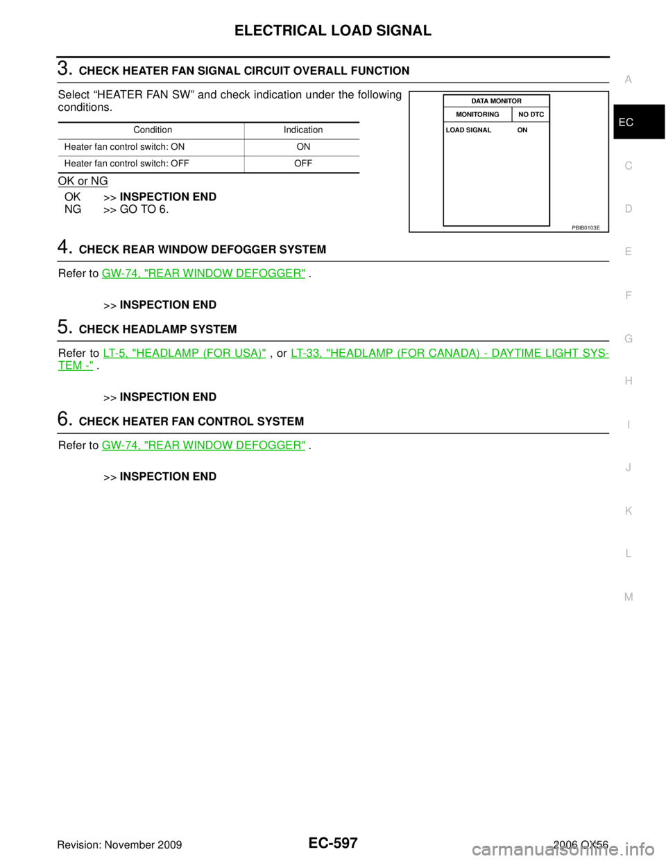 INFINITI QX56 2006  Factory Service Manual ELECTRICAL LOAD SIGNALEC-597
C
DE
F
G H
I
J
K L
M A
EC
Revision: November 2009 2006 QX56
3. CHECK HEATER FAN SIGNAL CIRCUIT OVERALL FUNCTION
Select  “HEATER FAN SW ” and check indication under the