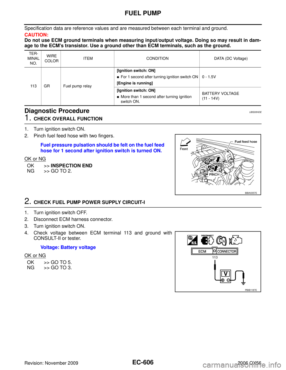 INFINITI QX56 2006  Factory Service Manual EC-606Revision: November 2009
FUEL PUMP
2006 QX56
Specification data are reference values and are measured between each terminal and ground.
CAUTION:
Do not use ECM ground terminals when measuring inp