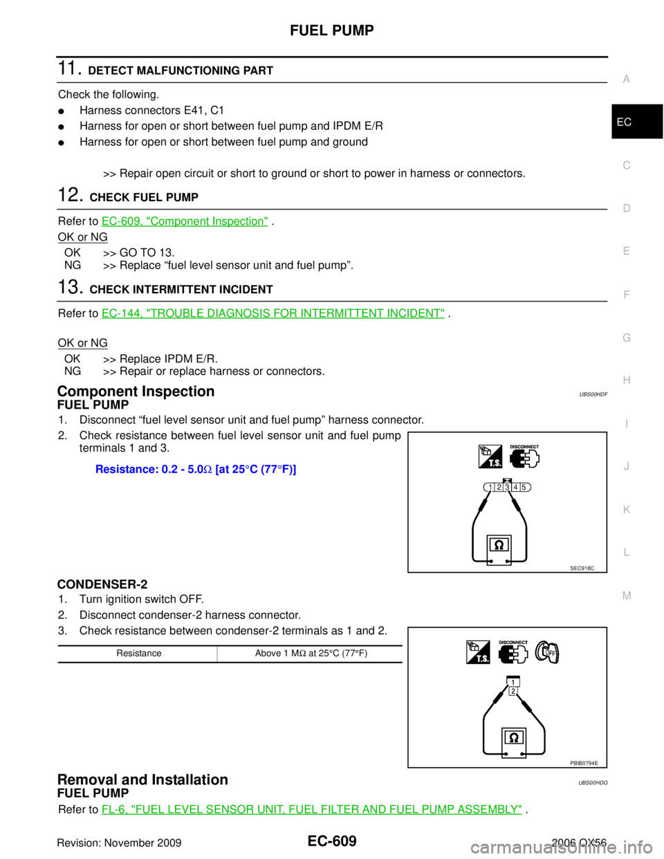 INFINITI QX56 2006  Factory Service Manual FUEL PUMPEC-609
C
DE
F
G H
I
J
K L
M A
EC
Revision: November 2009 2006 QX56
11 .  DETECT MALFUNCTIONING PART
Check the following.
Harness connectors E41, C1
Harness for open or short between fuel pu