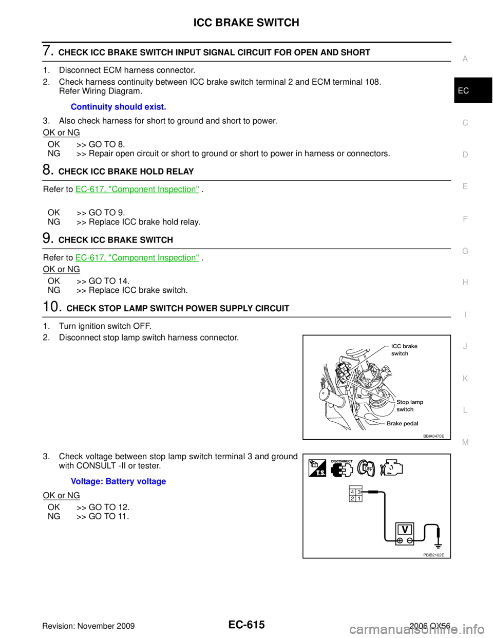 INFINITI QX56 2006  Factory Service Manual ICC BRAKE SWITCHEC-615
C
DE
F
G H
I
J
K L
M A
EC
Revision: November 2009 2006 QX56
7. CHECK ICC BRAKE SWITCH INPUT SIGNAL CIRCUIT FOR OPEN AND SHORT
1. Disconnect ECM harness connector.
2. Check harne