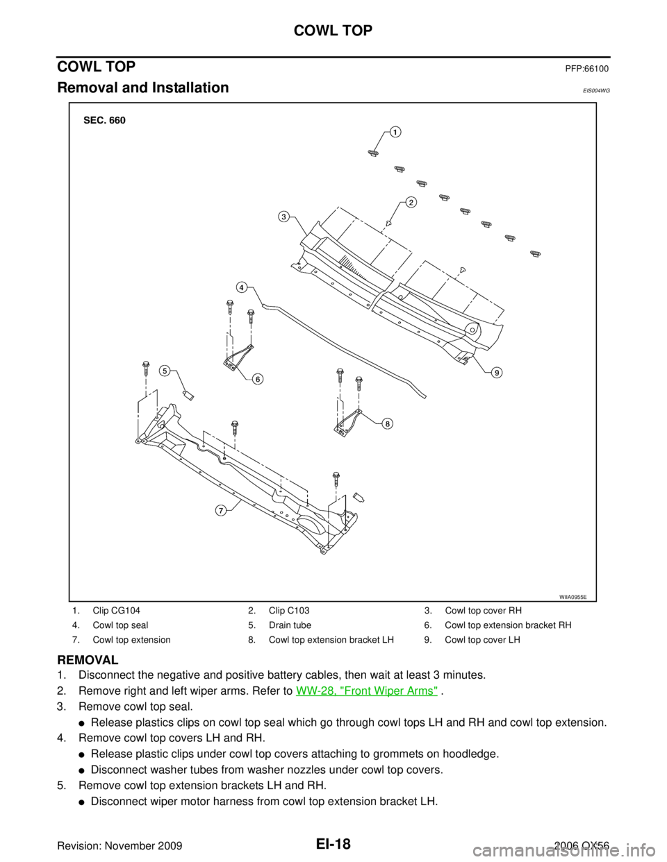 INFINITI QX56 2006  Factory Service Manual EI-18
COWL TOP
Revision: November 20092006 QX56
COWL TOPPFP:66100
Removal and InstallationEIS004WG
REMOVAL
1. Disconnect the negative and positive battery cables, then wait at least 3 minutes.
2. Remo