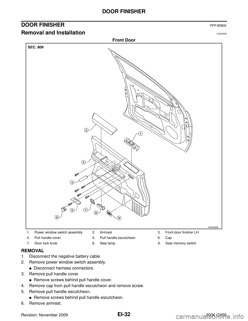 INFINITI QX56 2006  Factory Service Manual EI-32
DOOR FINISHER
Revision: November 20092006 QX56
DOOR FINISHERPFP:80900
Removal and InstallationEIS004WQ
Front Door
REMOVAL
1. Disconnect the negative battery cable.
2. Remove power window switch 