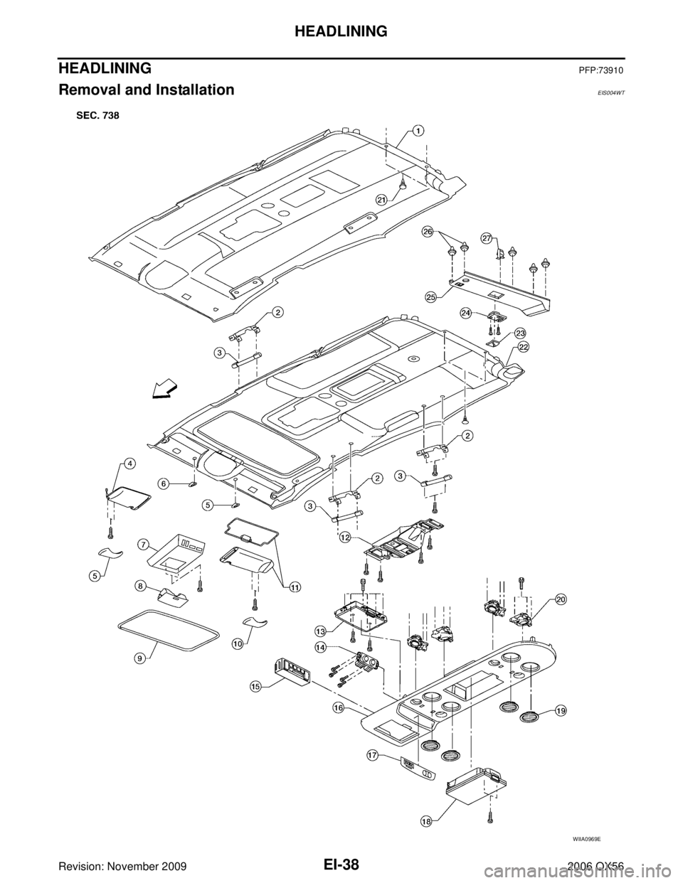 INFINITI QX56 2006  Factory Service Manual EI-38
HEADLINING
Revision: November 20092006 QX56
HEADLININGPFP:73910
Removal and InstallationEIS004WT
WIIA0969E 