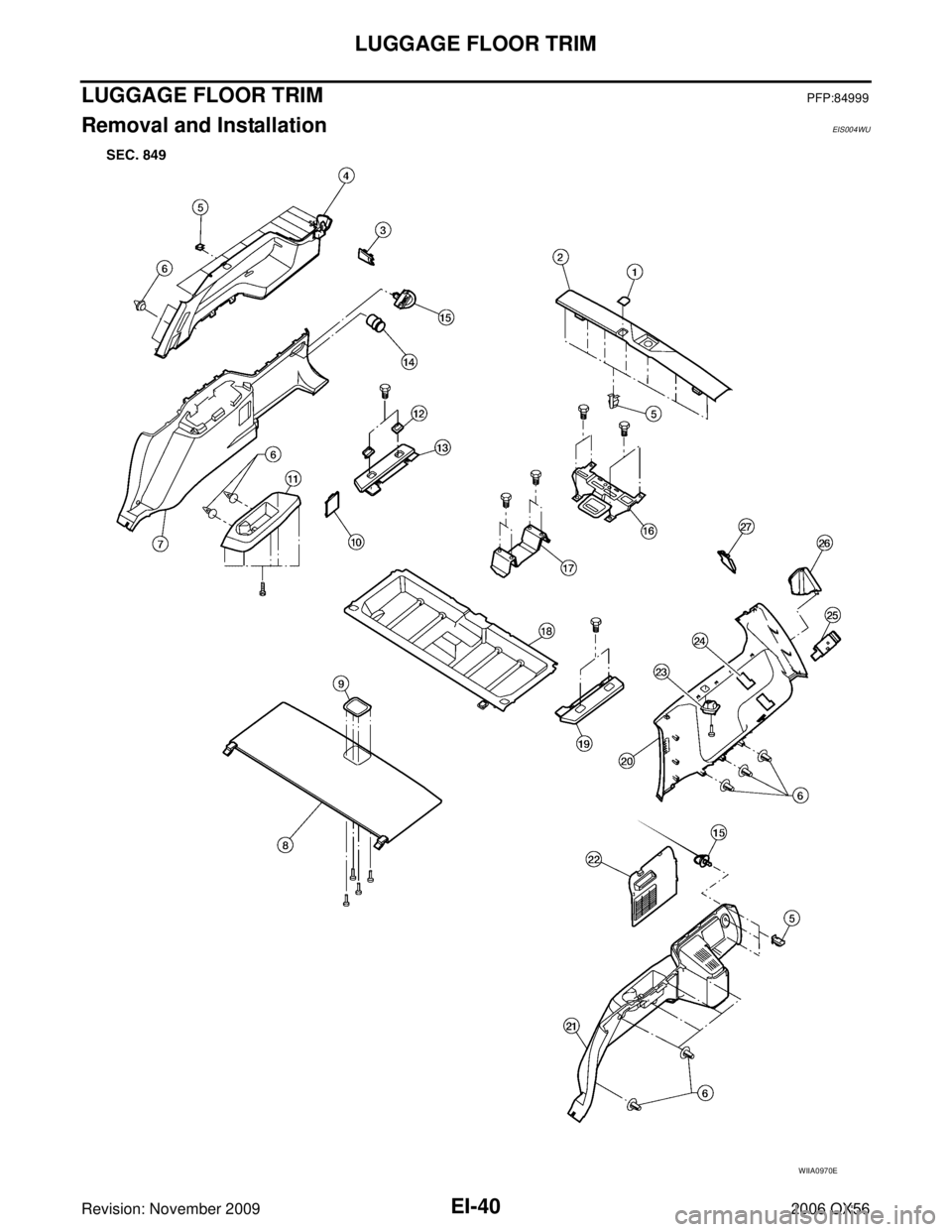 INFINITI QX56 2006  Factory Service Manual EI-40
LUGGAGE FLOOR TRIM
Revision: November 20092006 QX56
LUGGAGE FLOOR TRIMPFP:84999
Removal and InstallationEIS004WU
WIIA0970E 