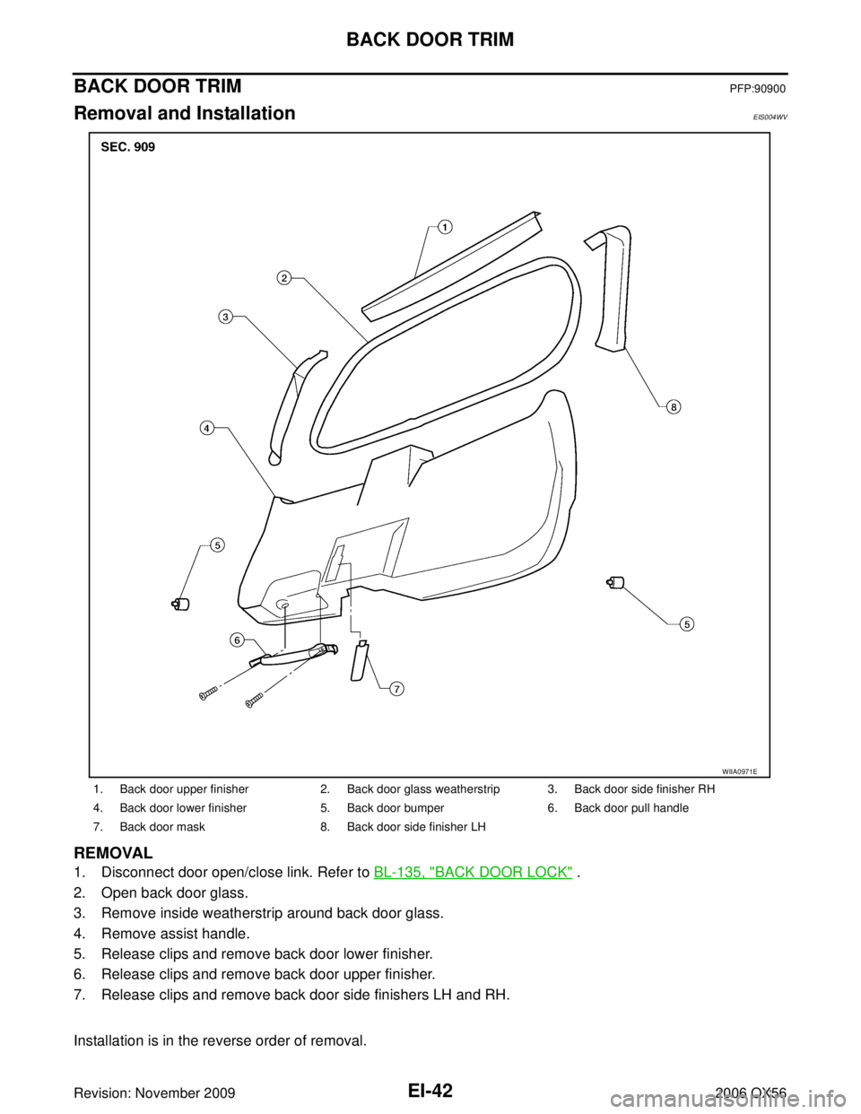 INFINITI QX56 2006  Factory Service Manual EI-42
BACK DOOR TRIM
Revision: November 20092006 QX56
BACK DOOR TRIMPFP:90900
Removal and InstallationEIS004WV
REMOVAL
1. Disconnect door open/close link. Refer to BL-135, "BACK DOOR LOCK" .
2. Open b