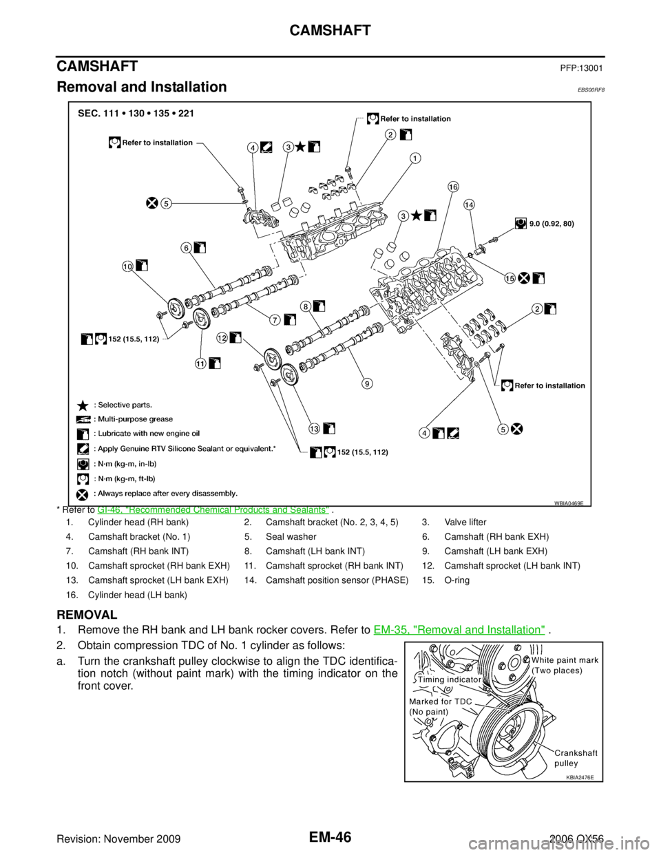 INFINITI QX56 2006  Factory Service Manual EM-46Revision: November 2009
CAMSHAFT
2006 QX56
CAMSHAFTPFP:13001
Removal and InstallationEBS00RF8
* Refer to GI-46, "Recommended Chemical Products and Sealants" .
REMOVAL
1. Remove the RH bank and LH