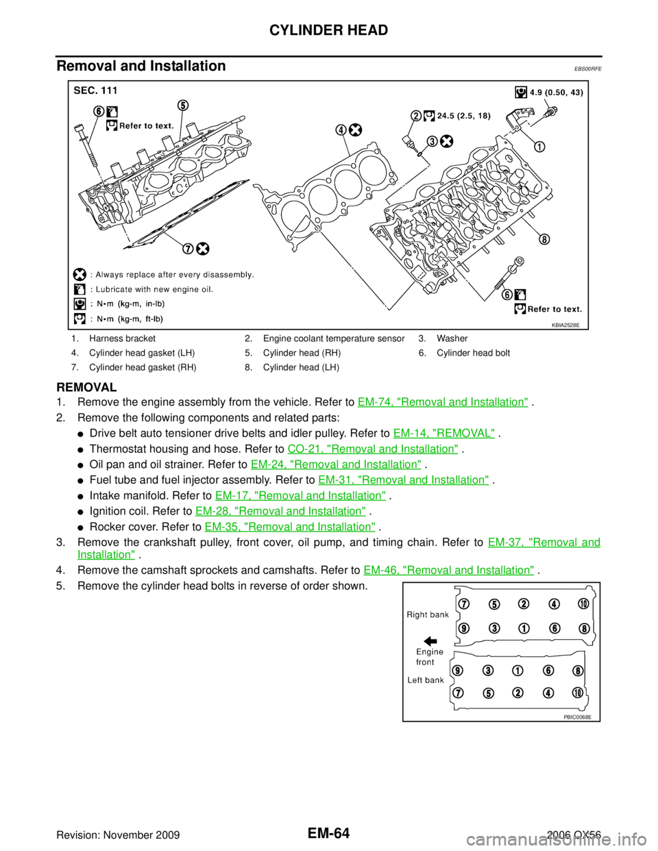 INFINITI QX56 2006 Factory Service Manual EM-64Revision: November 2009
CYLINDER HEAD
2006 QX56
Removal and InstallationEBS00RFE
REMOVAL
1. Remove the engine assembly from the vehicle. Refer to EM-74, "Removal and Installation" .
2. Remove the INFINITI QX56 2006 Factory Service Manual EM-64Revision: November 2009
CYLINDER HEAD
2006 QX56
Removal and InstallationEBS00RFE
REMOVAL
1. Remove the engine assembly from the vehicle. Refer to EM-74, "Removal and Installation" .
2. Remove the