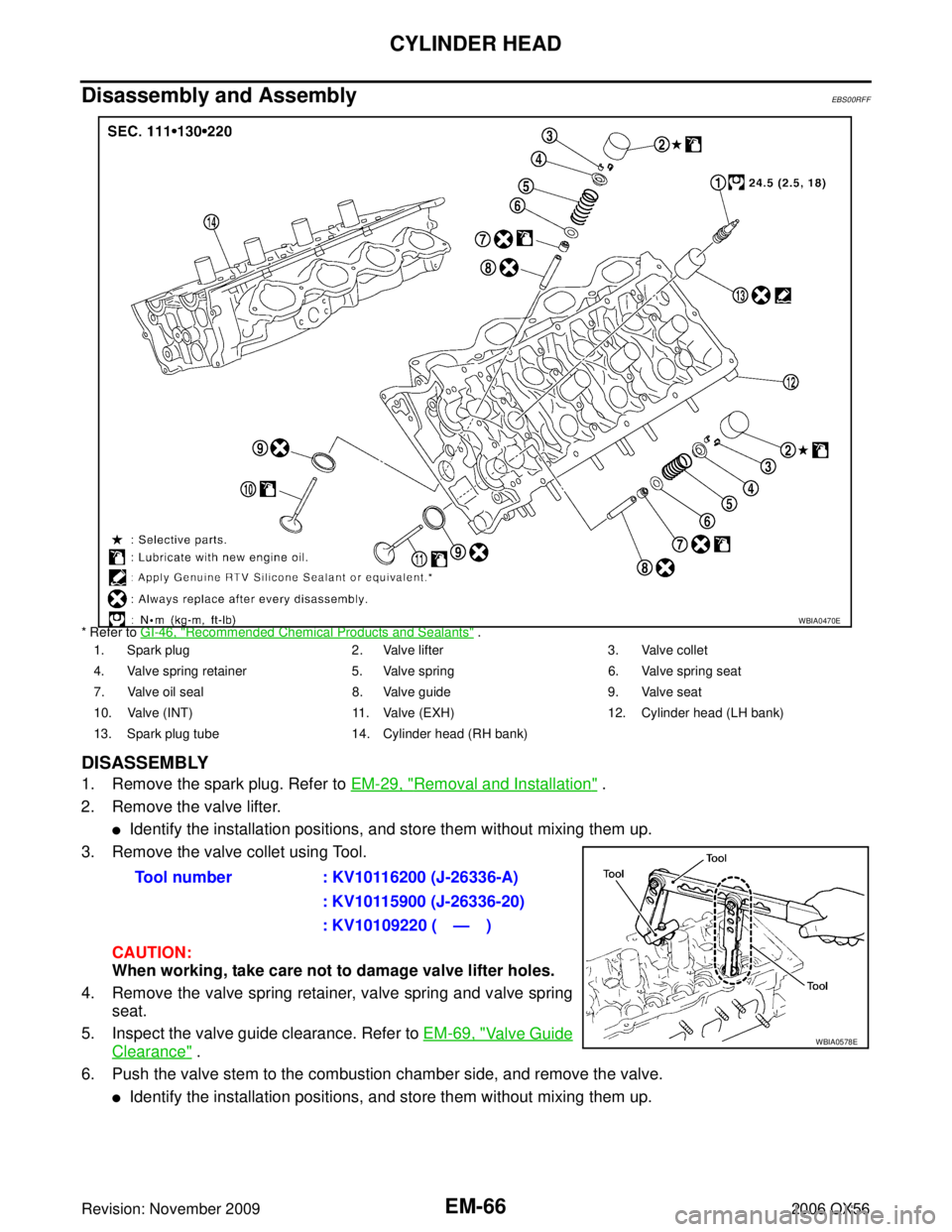 INFINITI QX56 2006 Factory Service Manual EM-66Revision: November 2009
CYLINDER HEAD
2006 QX56
Disassembly and AssemblyEBS00RFF
* Refer to GI-46, "Recommended Chemical Products and Sealants" .
DISASSEMBLY
1. Remove the spark plug. Refer to EM INFINITI QX56 2006 Factory Service Manual EM-66Revision: November 2009
CYLINDER HEAD
2006 QX56
Disassembly and AssemblyEBS00RFF
* Refer to GI-46, "Recommended Chemical Products and Sealants" .
DISASSEMBLY
1. Remove the spark plug. Refer to EM