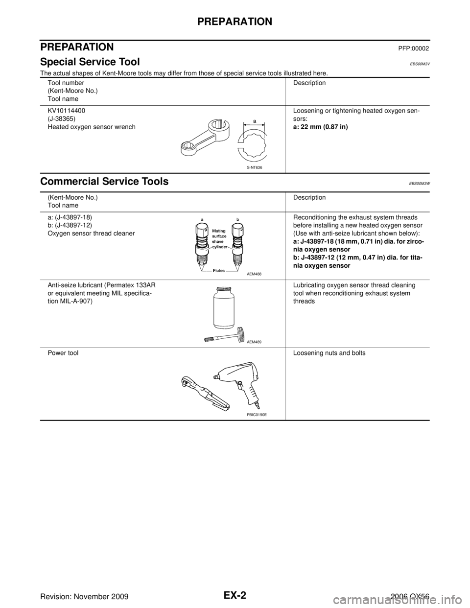 INFINITI QX56 2006 Factory Service Manual EX-2Revision: November 2009
PREPARATION
2006 QX56
PREPARATIONPFP:00002
Special Service ToolEBS00M3V
The actual shapes of Kent-Moore tools may differ from those of special service tools illustrated her INFINITI QX56 2006 Factory Service Manual EX-2Revision: November 2009
PREPARATION
2006 QX56
PREPARATIONPFP:00002
Special Service ToolEBS00M3V
The actual shapes of Kent-Moore tools may differ from those of special service tools illustrated her