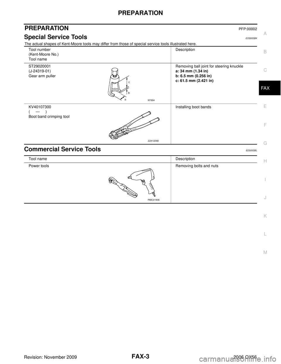 INFINITI QX56 2006  Factory Service Manual PREPARATIONFAX-3
CE F
G H
I
J
K L
M A
B
FA X
Revision: November 2009 2006 QX56
PREPARATIONPFP:00002
Special Service ToolsEDS003BK
The actual shapes of Kent-Moore tools may differ from those of special