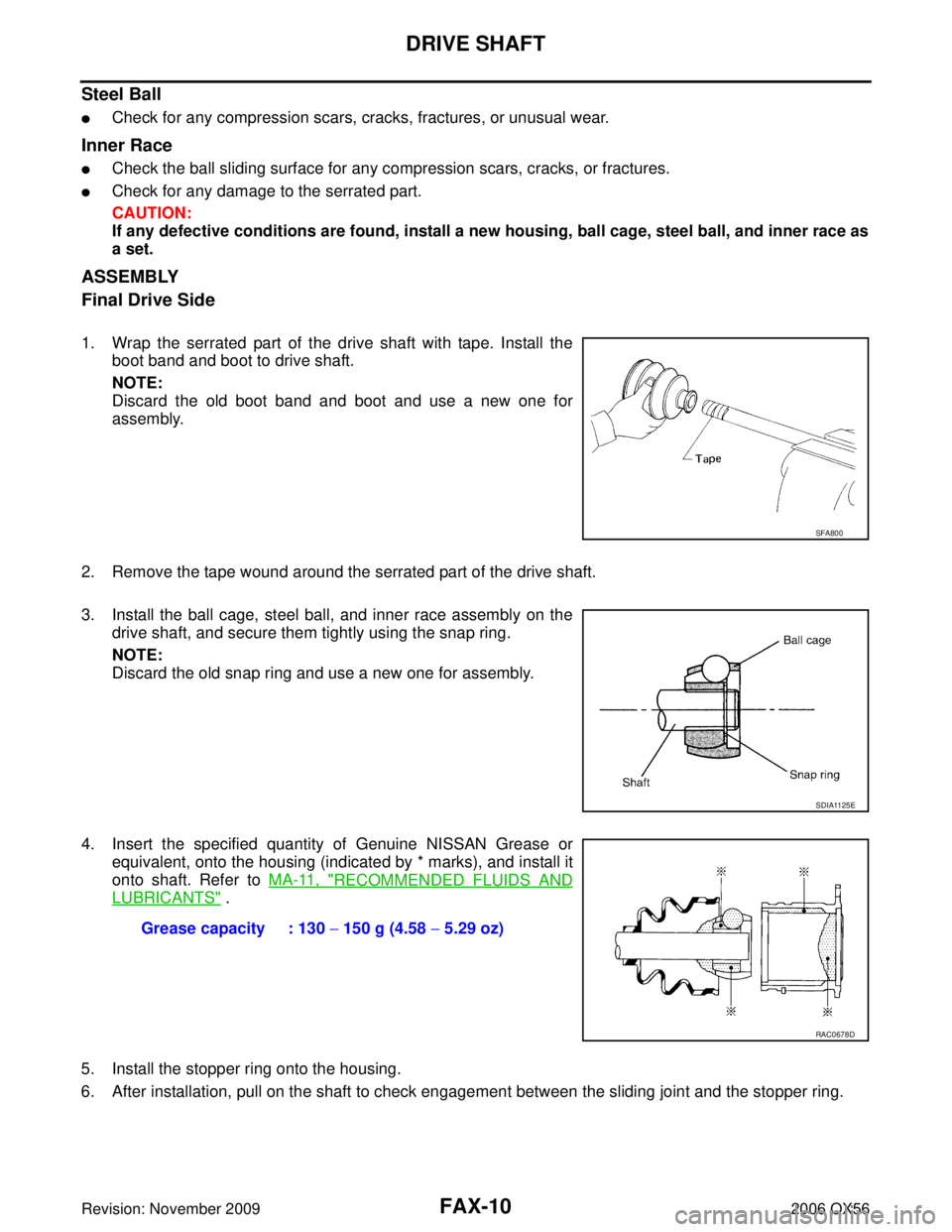 INFINITI QX56 2006  Factory Service Manual FAX-10
DRIVE SHAFT
Revision: November 20092006 QX56
Steel Ball
Check for any compression scars, cracks, fractures, or unusual wear.
Inner Race
Check the ball sliding surface for any compression scar