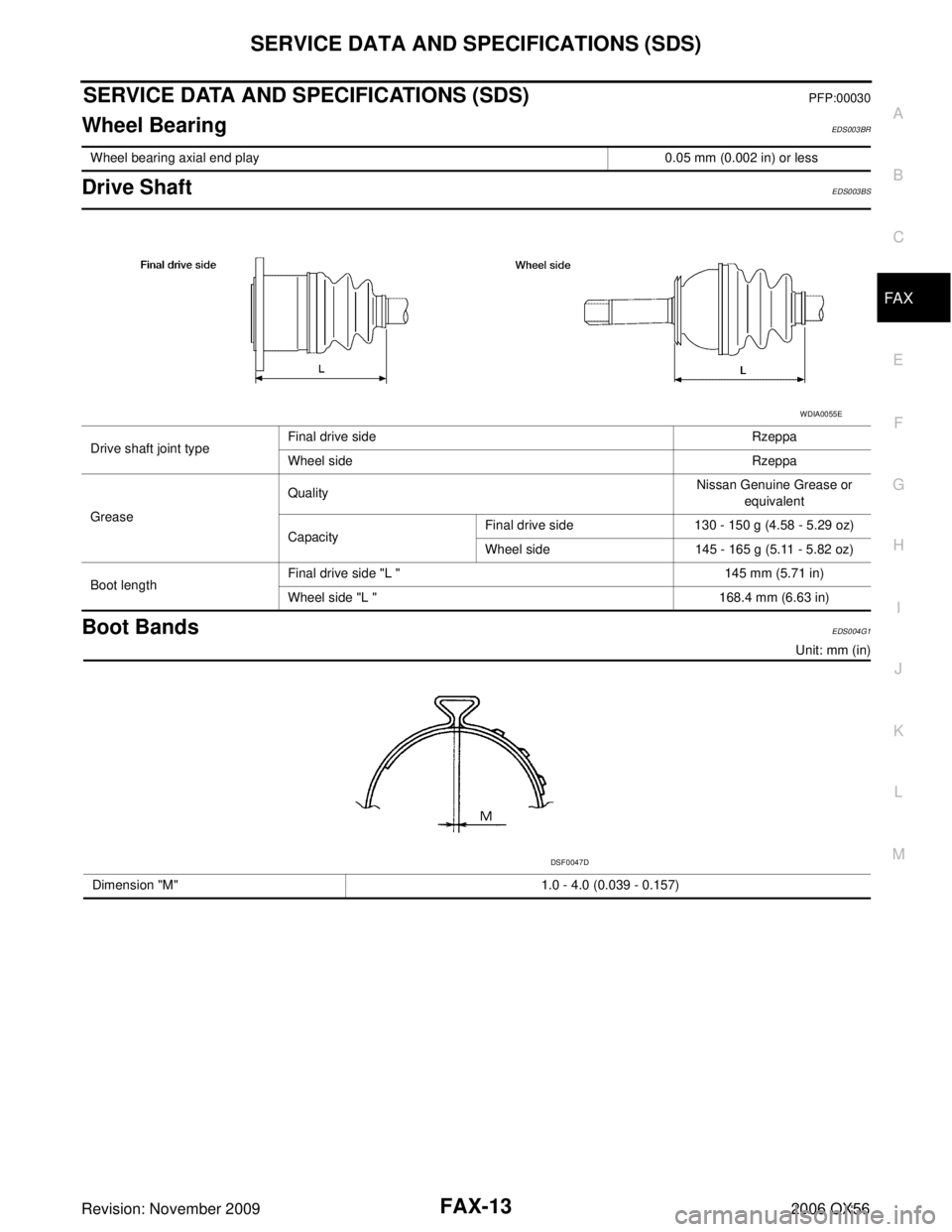 INFINITI QX56 2006  Factory Service Manual SERVICE DATA AND SPECIFICATIONS (SDS)FAX-13
CE F
G H
I
J
K L
M A
B
FA X
Revision: November 2009 2006 QX56
SERVICE DATA AND SPECIFICATIONS (SDS)PFP:00030
Wheel BearingEDS003BR
Drive ShaftEDS003BS
Boot 