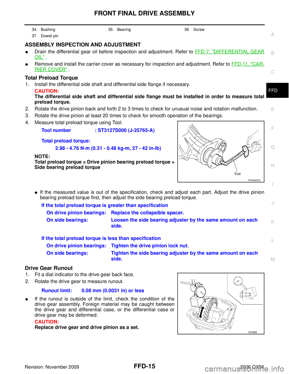 INFINITI QX56 2006 Factory Service Manual FRONT FINAL DRIVE ASSEMBLYFFD-15
CE F
G H
I
J
K L
M A
B
FFD
Revision: November 2009 2006 QX56
ASSEMBLY INSPECTION AND ADJUSTMENT
Drain the differential gear oil before inspection and adjustment. Refe INFINITI QX56 2006 Factory Service Manual FRONT FINAL DRIVE ASSEMBLYFFD-15
CE F
G H
I
J
K L
M A
B
FFD
Revision: November 2009 2006 QX56
ASSEMBLY INSPECTION AND ADJUSTMENT
Drain the differential gear oil before inspection and adjustment. Refe