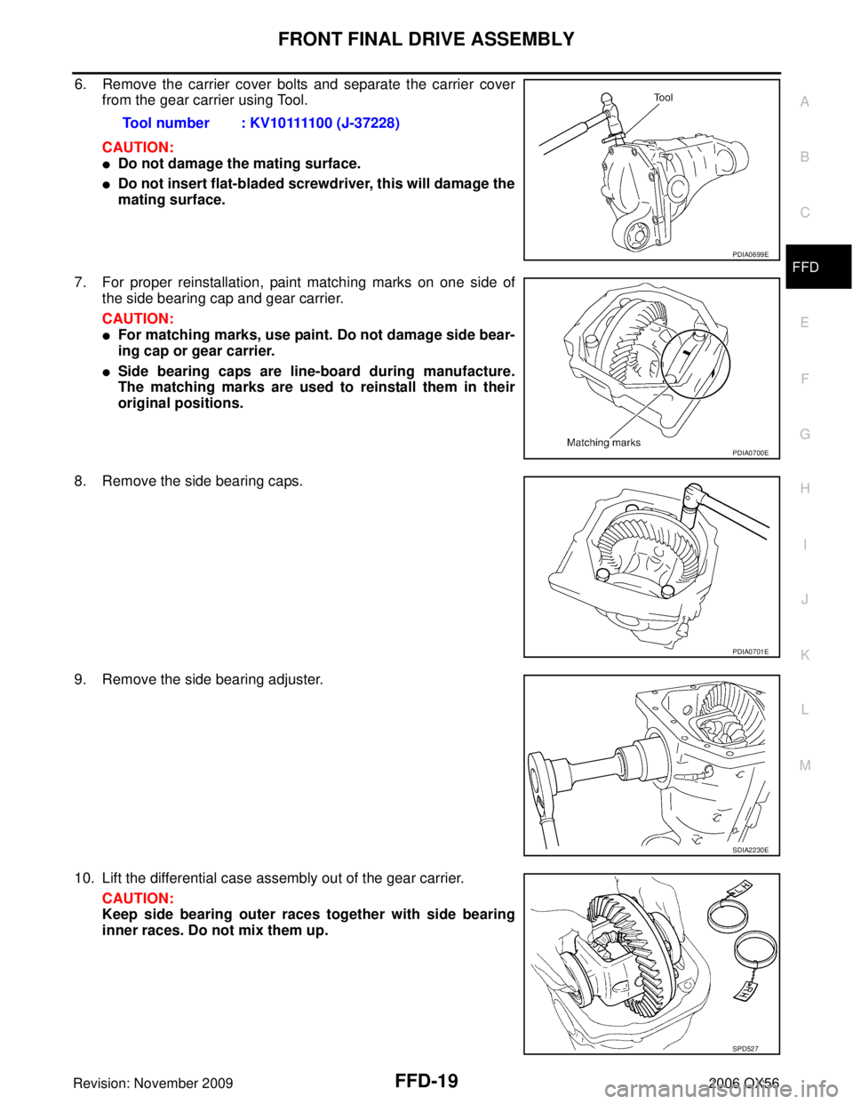 INFINITI QX56 2006  Factory Service Manual FRONT FINAL DRIVE ASSEMBLYFFD-19
CE F
G H
I
J
K L
M A
B
FFD
Revision: November 2009 2006 QX56
6. Remove the carrier cover bolts and separate the carrier cover
from the gear carrier using Tool.
CAUTION