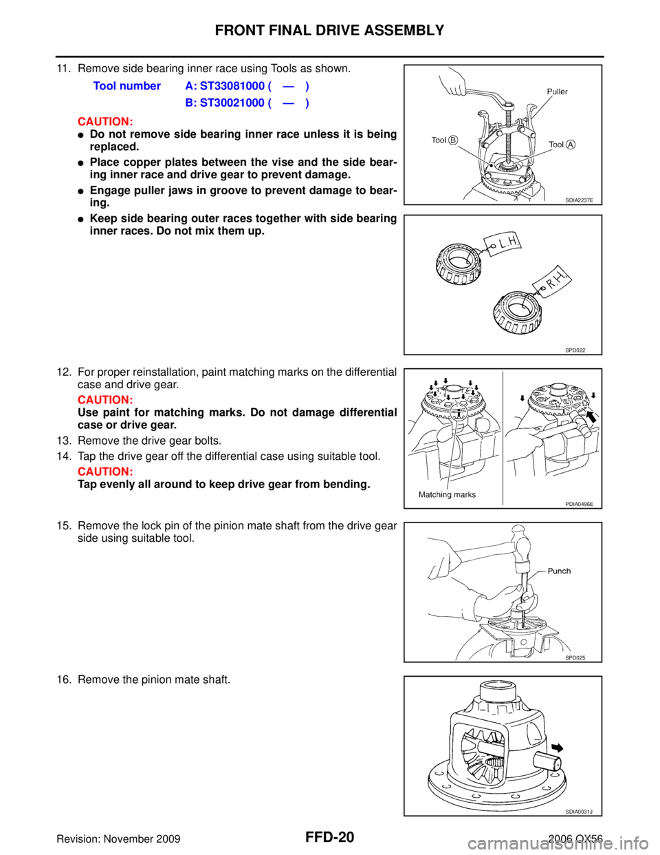 INFINITI QX56 2006  Factory Service Manual FFD-20
FRONT FINAL DRIVE ASSEMBLY
Revision: November 20092006 QX56
11. Remove side bearing inner race using Tools as shown.
CAUTION:
Do not remove side bearing inner race unless it is being
replaced.