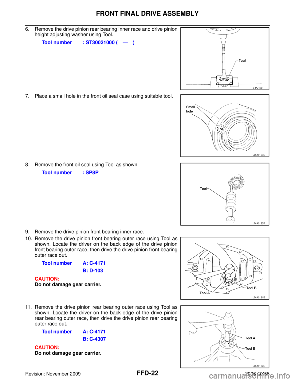 INFINITI QX56 2006  Factory Service Manual FFD-22
FRONT FINAL DRIVE ASSEMBLY
Revision: November 20092006 QX56
6. Remove the drive pinion rear bearing inner race and drive pinion
height adjusting washer using Tool.
7. Place a small hole in the 