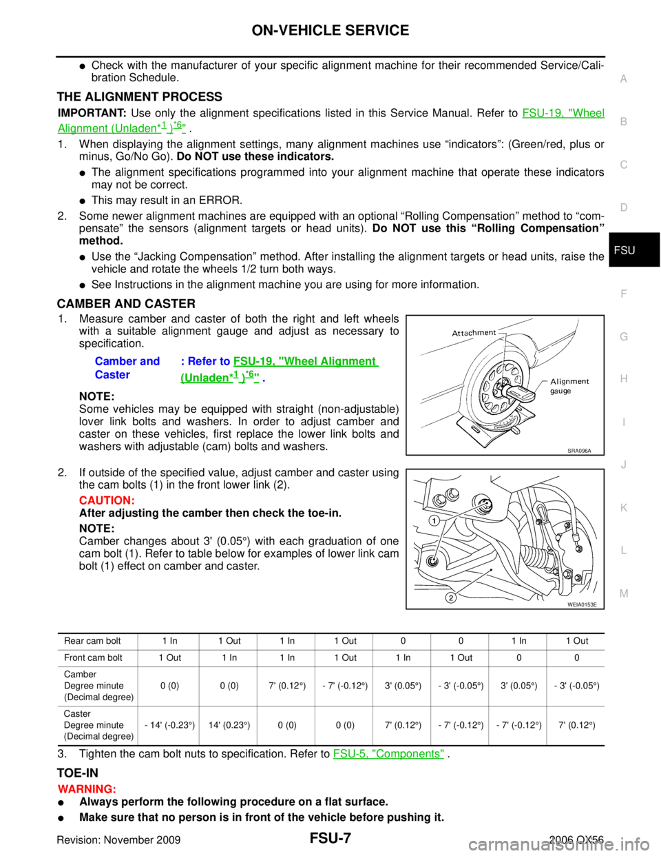 INFINITI QX56 2006  Factory Service Manual ON-VEHICLE SERVICEFSU-7
C
DF
G H
I
J
K L
M A
B
FSU
Revision: November 2009 2006 QX56
Check with the manufacturer of your specific alignment machine for their recommended Service/Cali-
bration Schedul