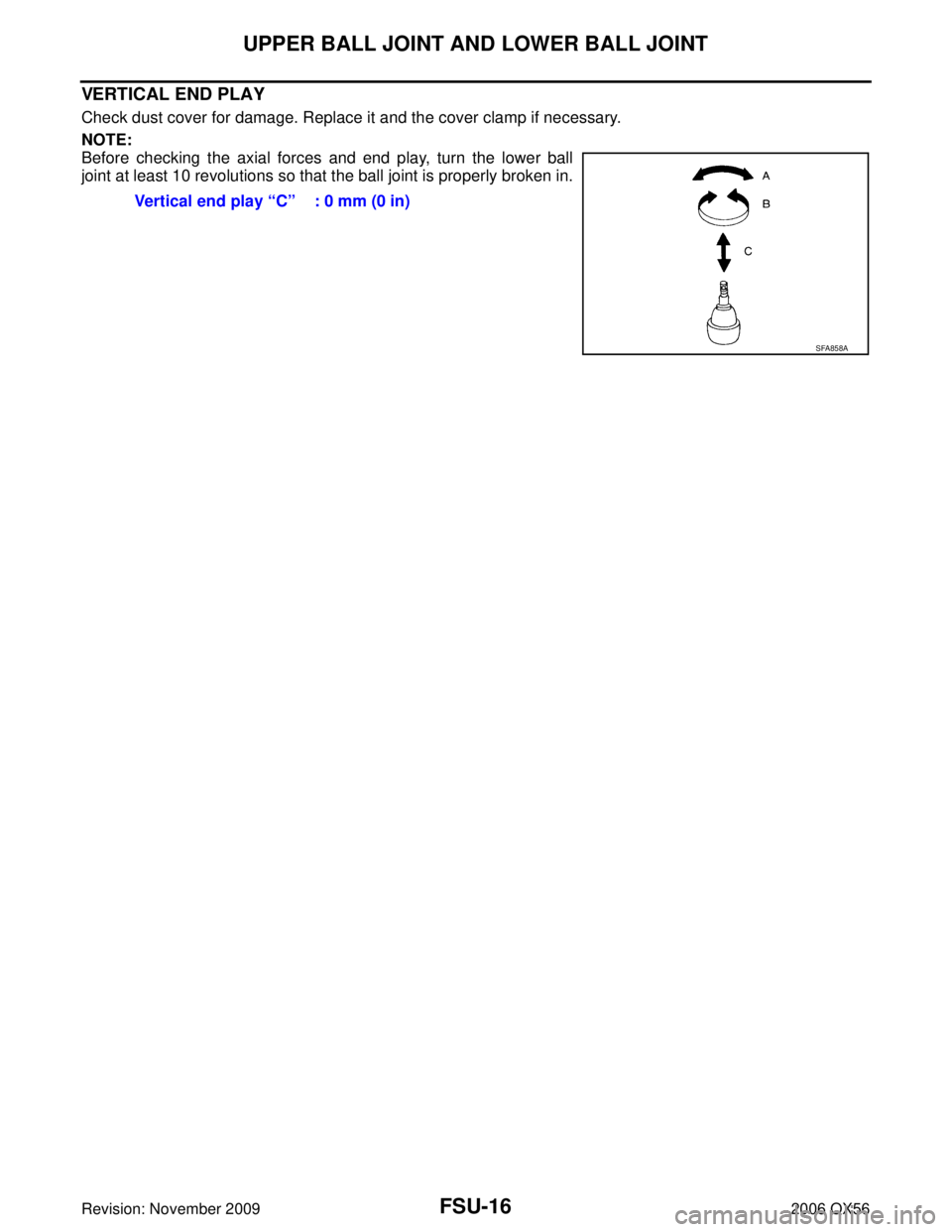 INFINITI QX56 2006  Factory Service Manual FSU-16
UPPER BALL JOINT AND LOWER BALL JOINT
Revision: November 20092006 QX56
VERTICAL END PLAY
Check dust cover for damage. Replace it and the cover clamp if necessary.
NOTE:
Before checking the axia