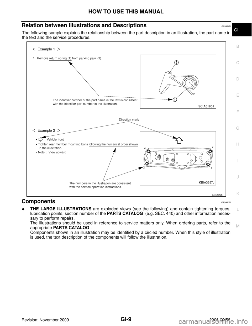 INFINITI QX56 2006  Factory Service Manual HOW TO USE THIS MANUALGI-9
C
DE
F
G H
I
J
K L
M B
GI
Revision: November 2009 2006 QX56
Relation between Illustrations and DescriptionsEAS001TI
The following sample explains the relationship between th