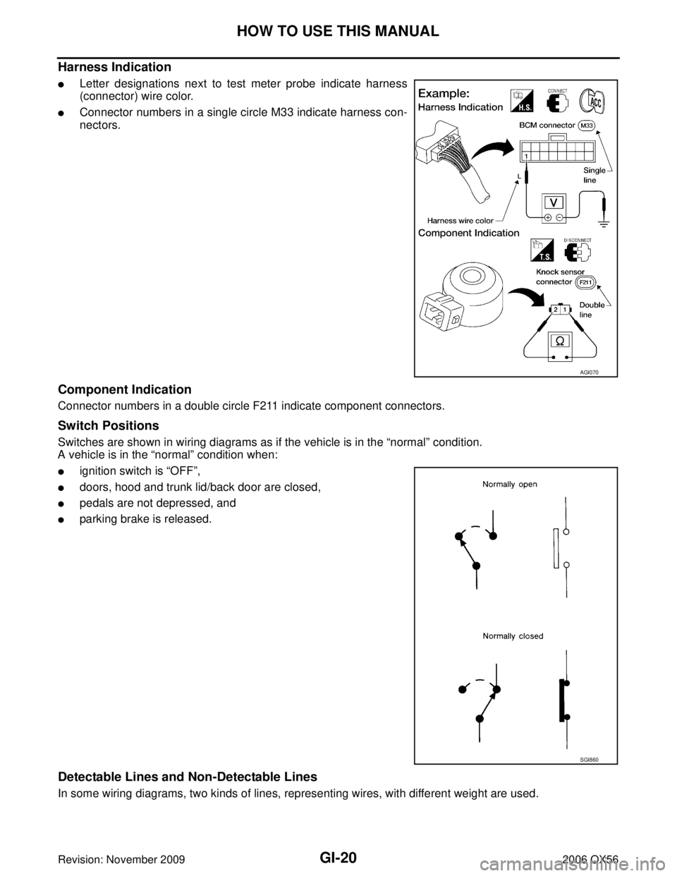 INFINITI QX56 2006  Factory Service Manual GI-20
HOW TO USE THIS MANUAL
Revision: November 20092006 QX56
Harness Indication 
Letter designations next to test meter probe indicate harness
(connector) wire color.
Connector numbers in a single 
