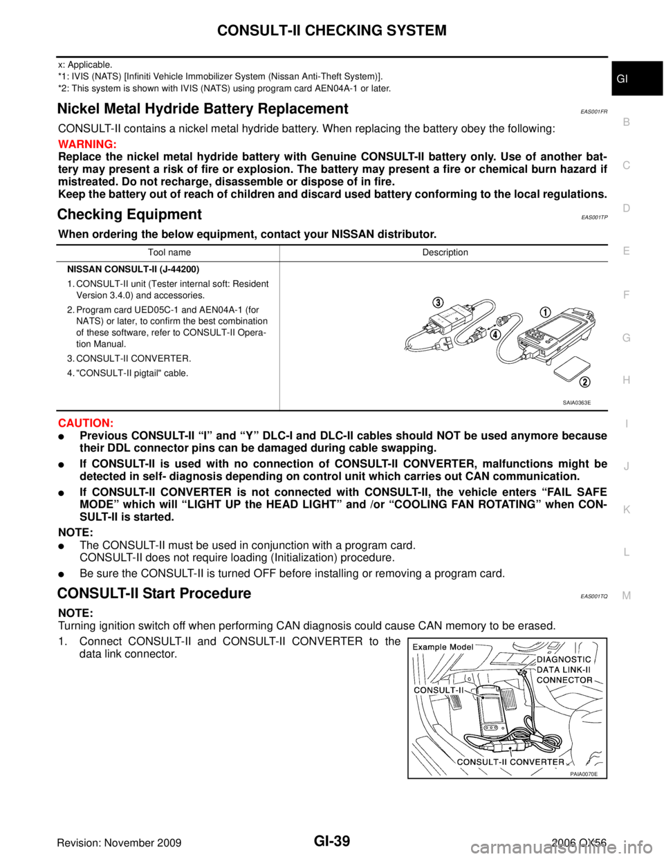 INFINITI QX56 2006  Factory Service Manual CONSULT-II CHECKING SYSTEMGI-39
C
DE
F
G H
I
J
K L
M B
GI
Revision: November 2009 2006 QX56
x: Applicable.
*1: IVIS (NATS) [Infiniti Vehicle Immobilizer System (Nissan Anti-Theft System)].
*2: This sy