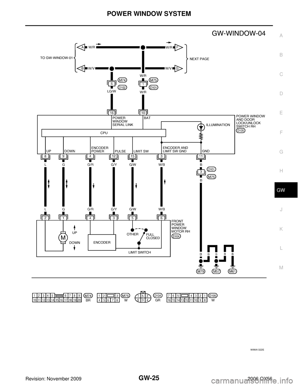 INFINITI QX56 2006  Factory Service Manual POWER WINDOW SYSTEMGW-25
C
DE
F
G H
J
K L
M A
B
GW
Revision: November 2009 2006 QX56
WIWA1322E 