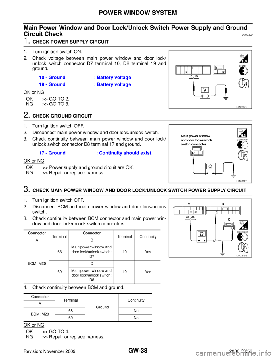 INFINITI QX56 2006 Factory Service Manual GW-38
POWER WINDOW SYSTEM
Revision: November 20092006 QX56
Main Power Window and Door Lock/Unlock Switch Power Supply and Ground
Circuit Check
EIS005XZ
1. CHECK POWER SUPPLY CIRCUIT
1. Turn ignition INFINITI QX56 2006 Factory Service Manual GW-38
POWER WINDOW SYSTEM
Revision: November 20092006 QX56
Main Power Window and Door Lock/Unlock Switch Power Supply and Ground
Circuit Check
EIS005XZ
1. CHECK POWER SUPPLY CIRCUIT
1. Turn ignition