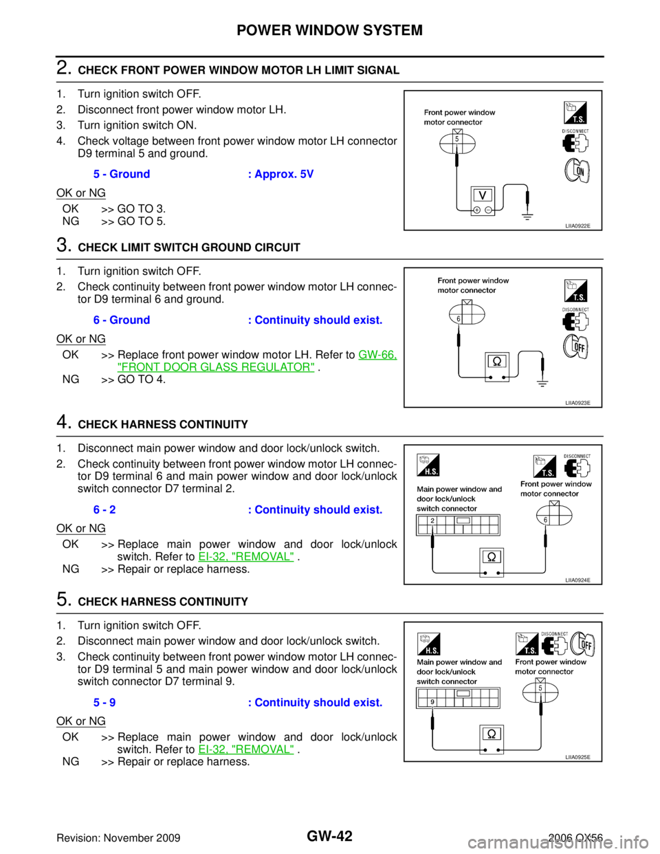 INFINITI QX56 2006 Factory Service Manual GW-42
POWER WINDOW SYSTEM
Revision: November 20092006 QX56
2. CHECK FRONT POWER WINDOW MOTOR LH LIMIT SIGNAL
1. Turn ignition switch OFF.
2. Disconnect front power window motor LH.
3. Turn ignition sw INFINITI QX56 2006 Factory Service Manual GW-42
POWER WINDOW SYSTEM
Revision: November 20092006 QX56
2. CHECK FRONT POWER WINDOW MOTOR LH LIMIT SIGNAL
1. Turn ignition switch OFF.
2. Disconnect front power window motor LH.
3. Turn ignition sw