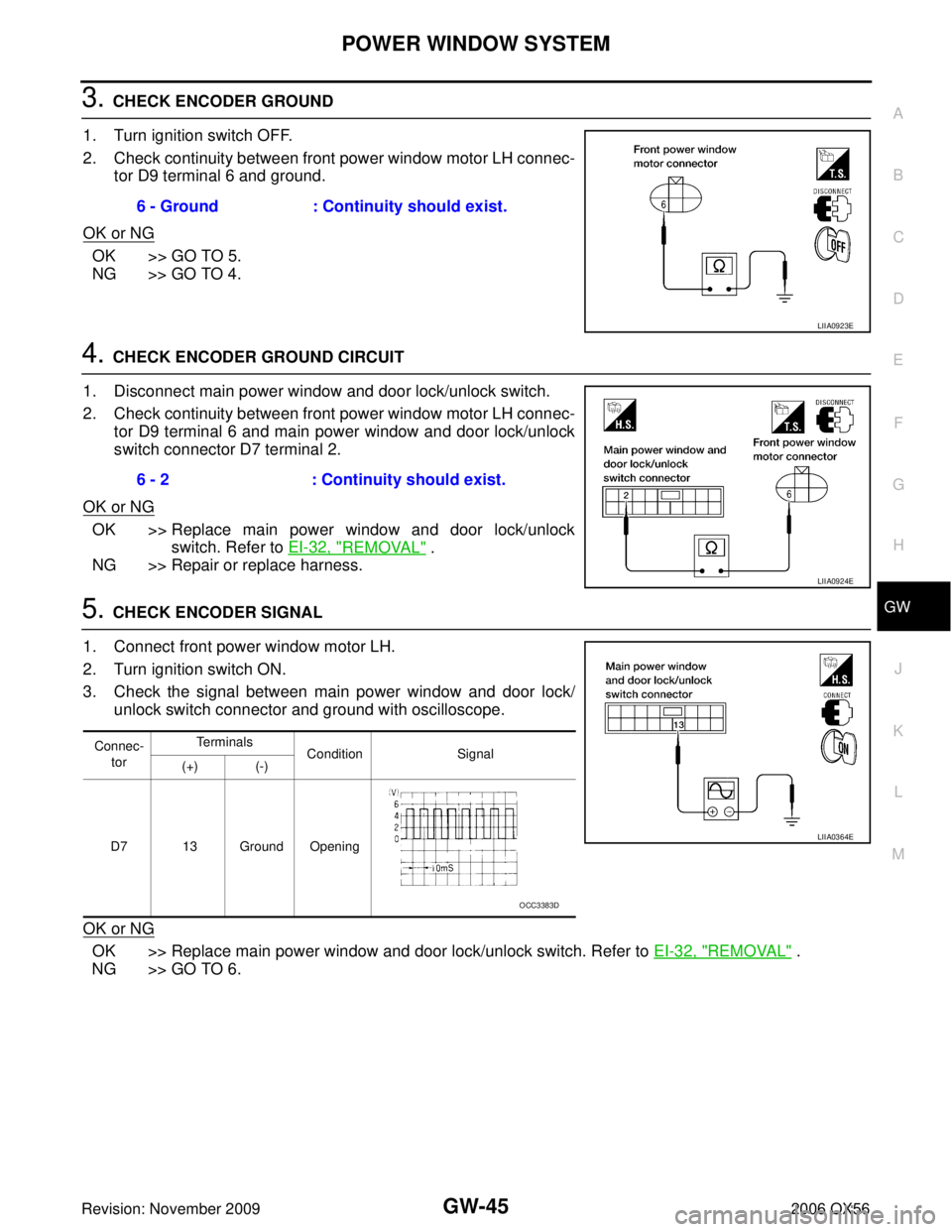 INFINITI QX56 2006 Factory Service Manual POWER WINDOW SYSTEMGW-45
C
DE
F
G H
J
K L
M A
B
GW
Revision: November 2009 2006 QX56
3. CHECK ENCODER GROUND
1. Turn ignition switch OFF.
2. Check continuity between front power window motor LH connec INFINITI QX56 2006 Factory Service Manual POWER WINDOW SYSTEMGW-45
C
DE
F
G H
J
K L
M A
B
GW
Revision: November 2009 2006 QX56
3. CHECK ENCODER GROUND
1. Turn ignition switch OFF.
2. Check continuity between front power window motor LH connec