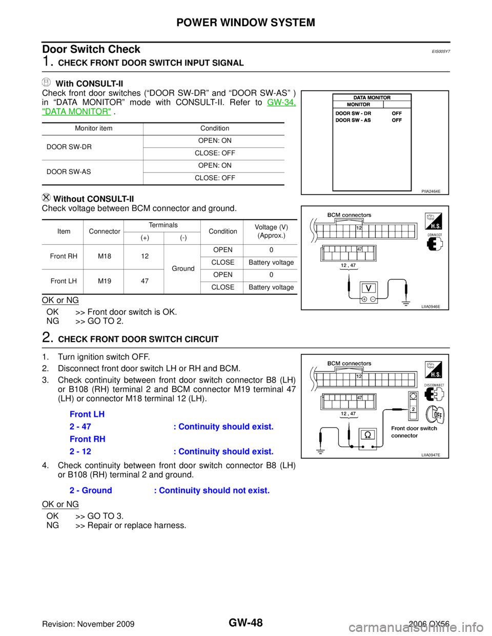 INFINITI QX56 2006  Factory Service Manual GW-48
POWER WINDOW SYSTEM
Revision: November 20092006 QX56
Door Switch CheckEIS005Y7
1. CHECK FRONT DOOR SWITCH INPUT SIGNAL
  With CONSULT-II
Check front door switches ( “DOOR SW-DR” and “DOOR 