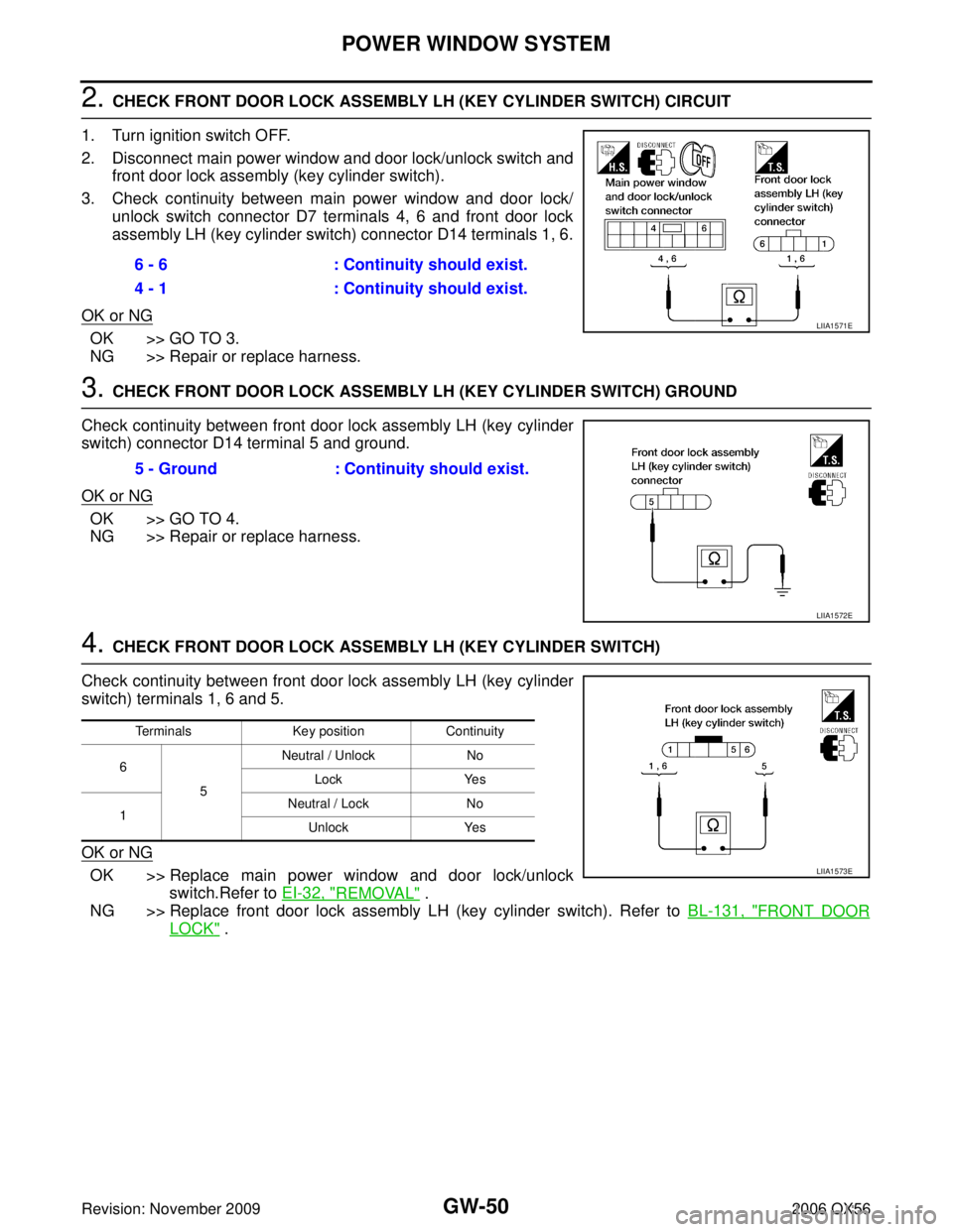 INFINITI QX56 2006  Factory Service Manual GW-50
POWER WINDOW SYSTEM
Revision: November 20092006 QX56
2. CHECK FRONT DOOR LOCK ASSEMBLY LH (KEY CYLINDER SWITCH) CIRCUIT
1. Turn ignition switch OFF.
2. Disconnect main power window and door lock