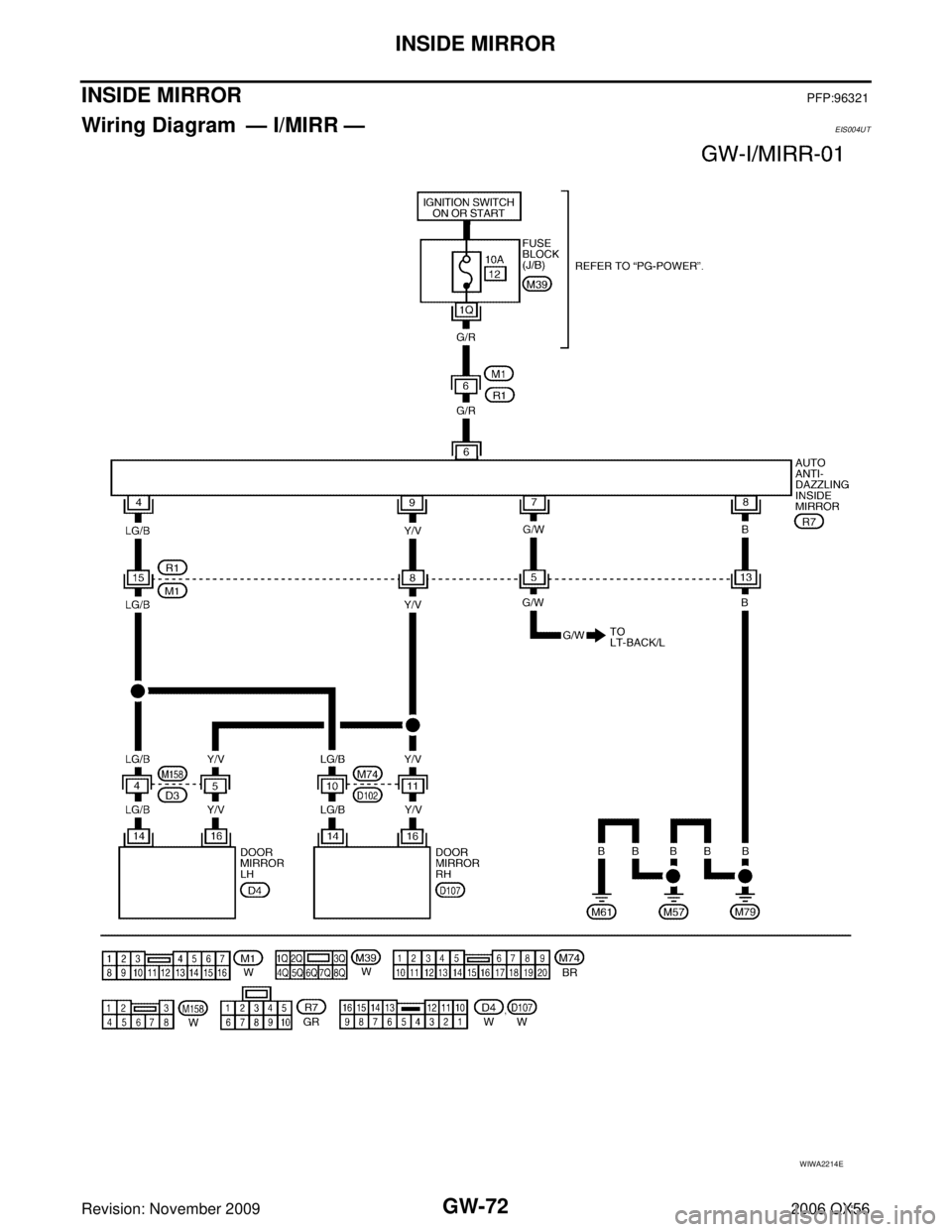 INFINITI QX56 2006  Factory Service Manual GW-72
INSIDE MIRROR
Revision: November 20092006 QX56
INSIDE MIRRORPFP:96321
Wiring Diagram — I/MIRR —EIS004UT
WIWA2214E 