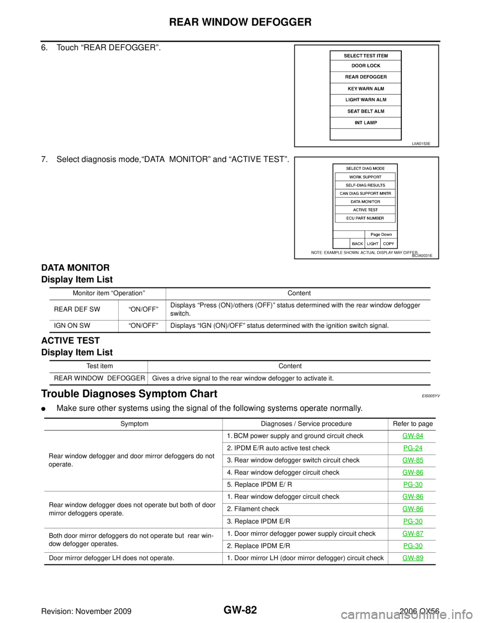 INFINITI QX56 2006 Factory Service Manual GW-82
REAR WINDOW DEFOGGER
Revision: November 20092006 QX56
6. Touch “REAR DEFOGGER ”.
7. Select diagnosis mode, “DATA MONITOR” and “ACTIVE TEST ”.
DATA MONITOR
Display Item List
ACTIVE T INFINITI QX56 2006 Factory Service Manual GW-82
REAR WINDOW DEFOGGER
Revision: November 20092006 QX56
6. Touch “REAR DEFOGGER ”.
7. Select diagnosis mode, “DATA MONITOR” and “ACTIVE TEST ”.
DATA MONITOR
Display Item List
ACTIVE T